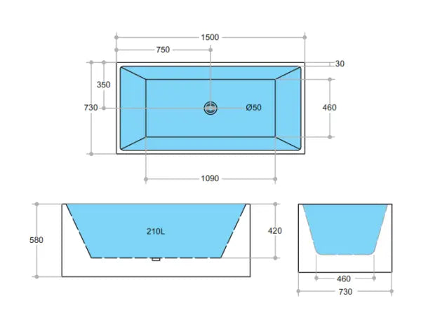 Theo Back to Wall Bathtub (1000/1300/1500/1700mm) POSEIDON