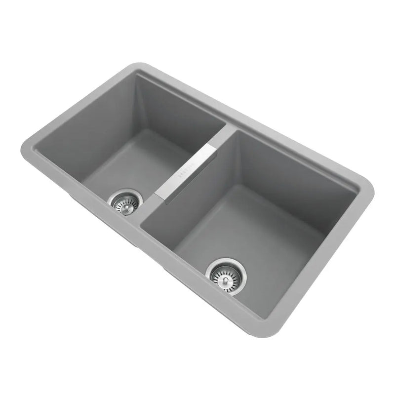 Concrete Grey Carysil Granite Double Bowl Kitchen Sink 824x481x241mm Aquaperla