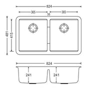 Concrete Grey Carysil Granite Double Bowl Kitchen Sink 824x481x241mm Aquaperla