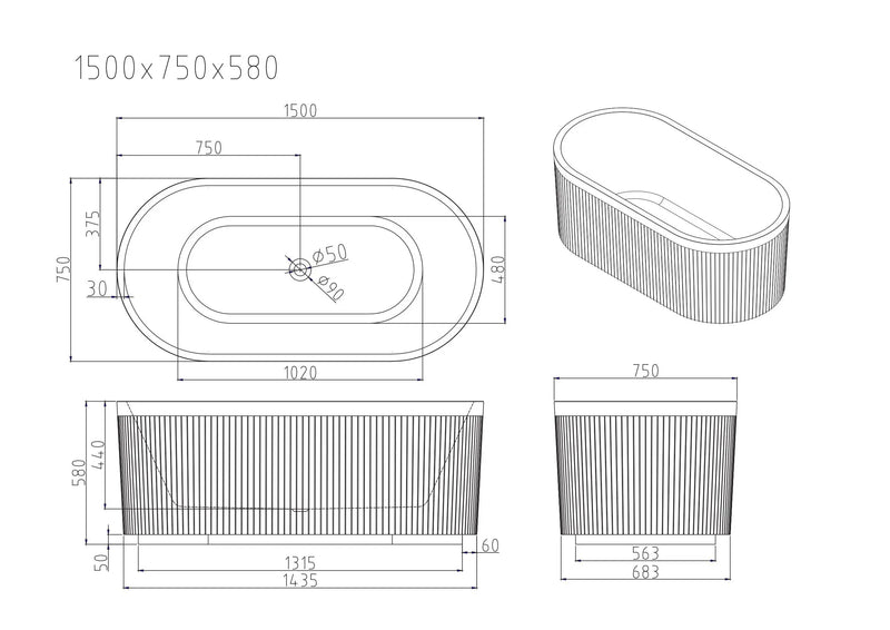 Tyler Freestanding Fluted Bathtub – Gloss White mercioaustralia