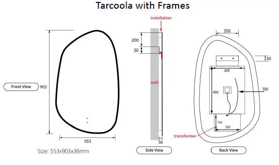 LED Asymmetric Frames  Mirror 553mm Brushed Gold/Brushed Nickel/Brushed Bronze/Brushed Gun Metal/Matte Black/Matte White - FIL Kitchen Bathroom