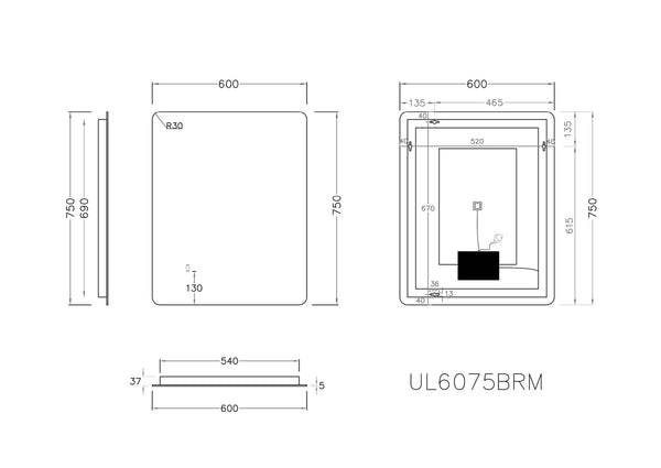 LED MIRROR RECTANGLE BACKLIT 3 COLOUR LIGHTS 600X750MM