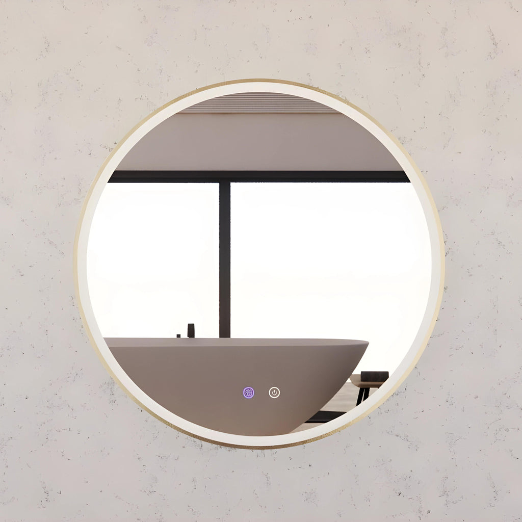 RIVA R3 FRAMED ROUND LED MIRROR 3 COLOUR LIGHTS GOLD 800X800MM