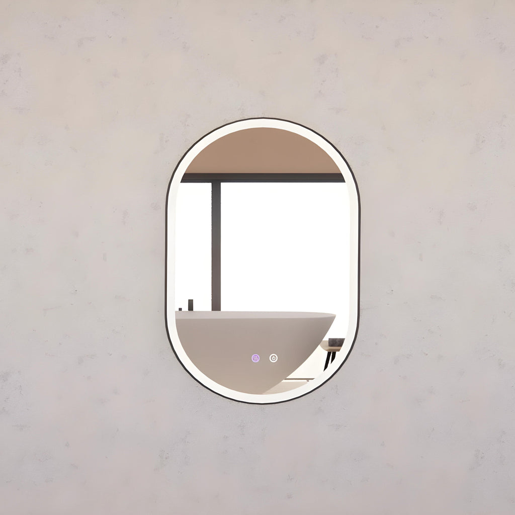 RIVA O1 FRAMED OVAL LED MIRROR 3 COLOUR LIGHTS BLACK 600X900MM