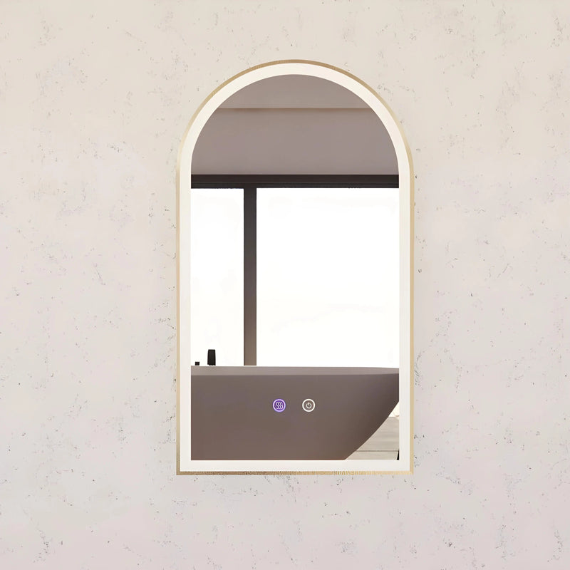 RIVA AR2 FRAMED ARCH LED MIRROR 3 COLOUR LIGHTS GOLD 450X800MM - FIL Kitchen Bathroom