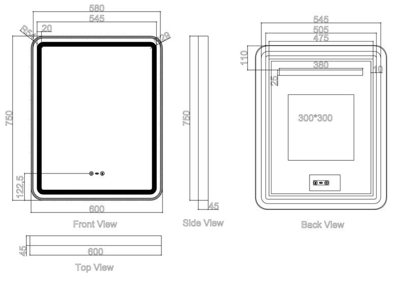 Venus 600×750 / 750×900 / 1200×750mm LED Rectangular Mirror – Gun Metal Frame mercioaustralia