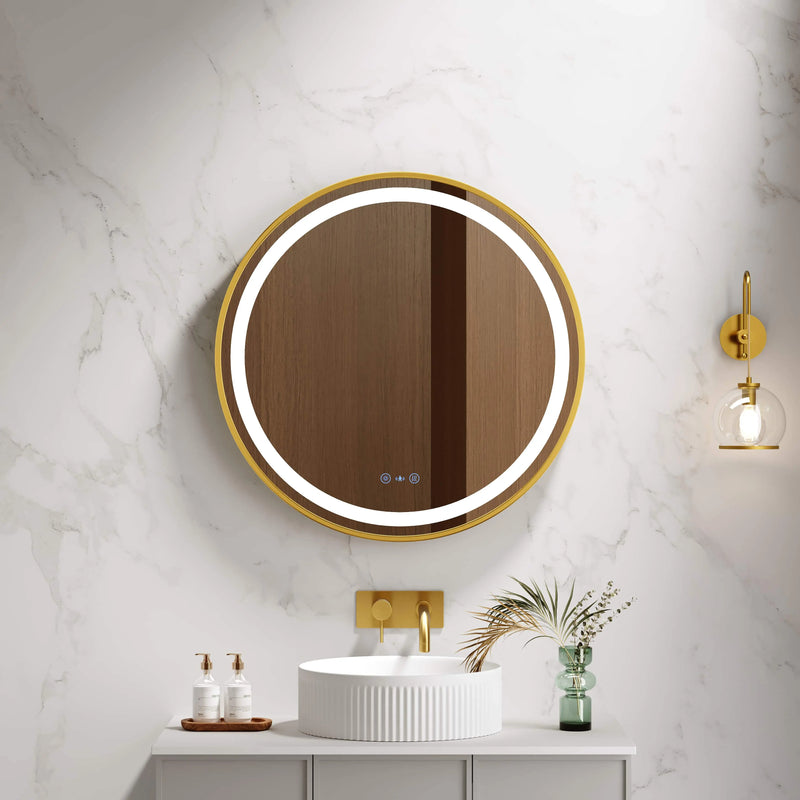 Venus 600/750/900mm LED Round Mirror – Brushed Gold Frame mercioaustralia