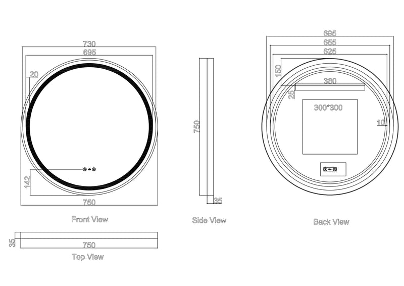 Venus 600/750/900mm LED Round Mirror – Matt Black Frame mercioaustralia
