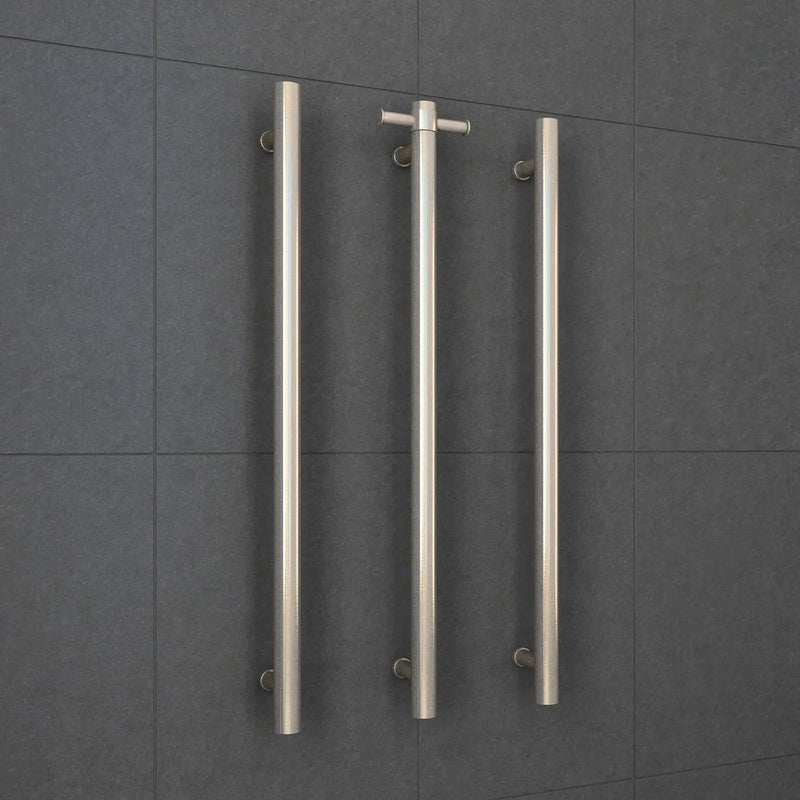 THERMOGROUP STRAIGHT ROUND VERTICAL SINGLE HEATED TOWEL RAIL 900MM BRUSHED NICKEL - FIL Kitchen Bathroom