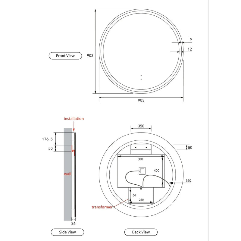 AULIC WINDSOR LED MIRROR GUN METAL 3 COLOUR LIGHTS 900X900MM - FIL Kitchen Bathroom