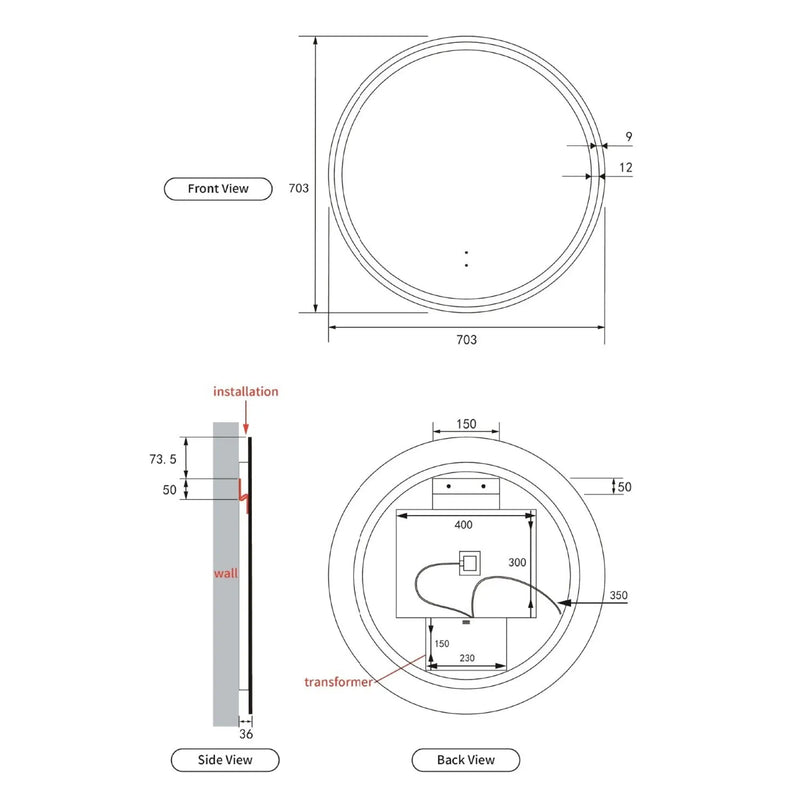 AULIC WINDSOR LED MIRROR MATTE BLACK 3 COLOUR LIGHTS 700X700MM - FIL Kitchen Bathroom