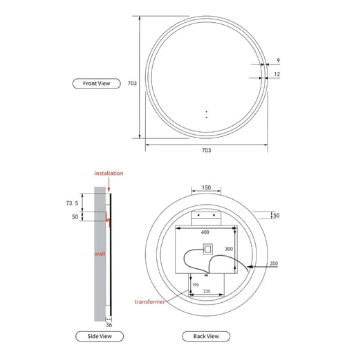 AULIC WINDSOR LED MIRROR MATTE BLACK 3 COLOUR LIGHTS 700X700MM - FIL Kitchen Bathroom