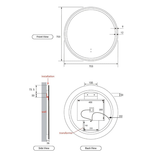 AULIC WINDSOR LED MIRROR MATTE BLACK 3 COLOUR LIGHTS 700X700MM