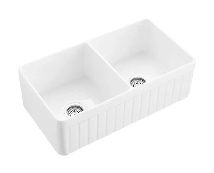 DOUBLE BOWL FIRECLAY KITCHEN SINK GLOSS WHITE/MATTE BLACK 838MM CETO