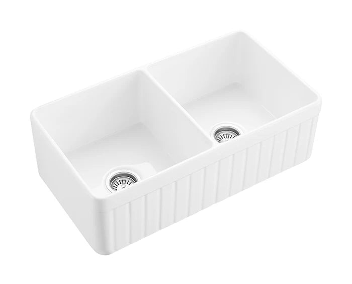 DOUBLE BOWL FIRECLAY KITCHEN SINK GLOSS WHITE/MATTE BLACK 838MM