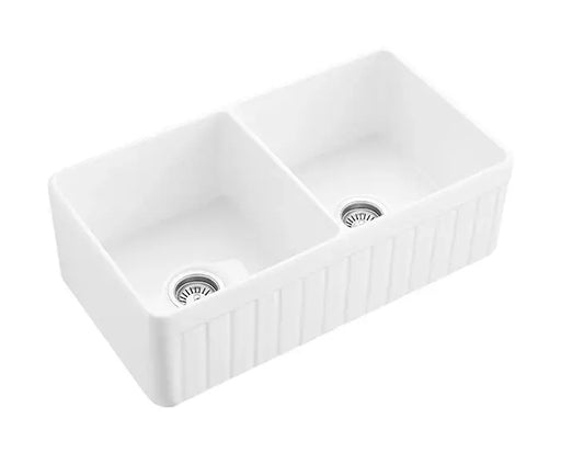DOUBLE BOWL FIRECLAY KITCHEN SINK GLOSS WHITE/MATTE BLACK 838MM CETO