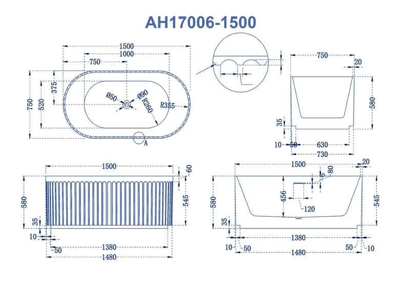 1500mm/1700mm Back to Wall Acrylic Matte White Bathtub with Pop-up Drainer FIL Kitchen Bathroom