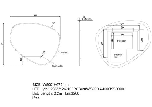 800*675mm 3 Color Lighting Asymmetrical Acrylic LED Mirror Touch Sensor Switch FIL Kitchen Bathroom