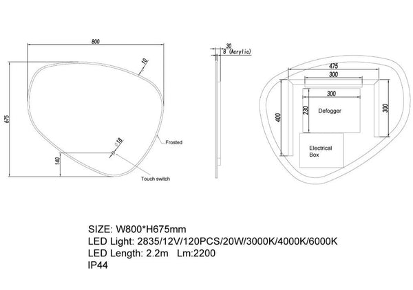 800*675mm 3 Color Lighting Asymmetrical Acrylic LED Mirror Touch Sensor Switch