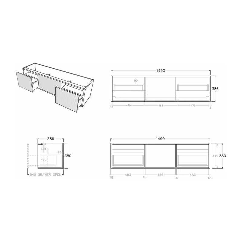 Bellevue Ensuite Slim Wall Hung Vanity Prime Oak 590X386X380mm/740X386X380mm/1500X386X380mm - FIL Kitchen Bathroom
