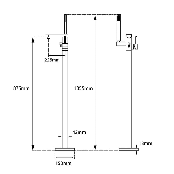 Square Brushed Nickel Freestanding Bath Mixer With Handheld Shower