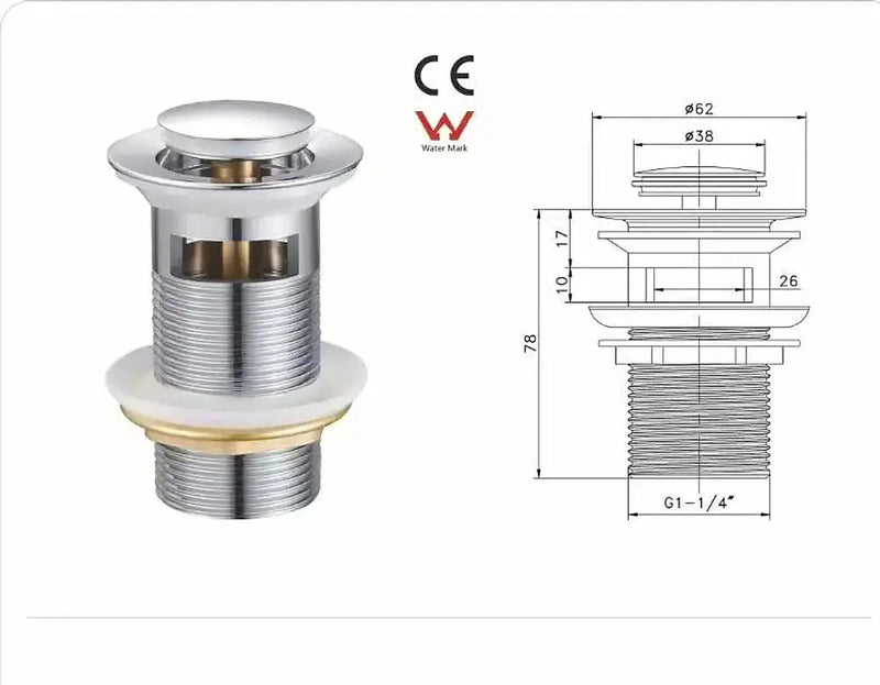 Chrome 32MM Brass Pop-up Waste Non Overflow/ Overflow