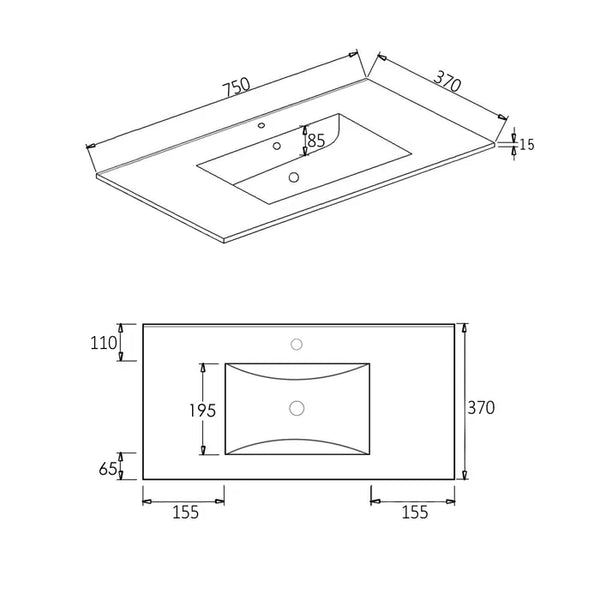 SLIM CERAMIC VANITY TOP 750X370mm