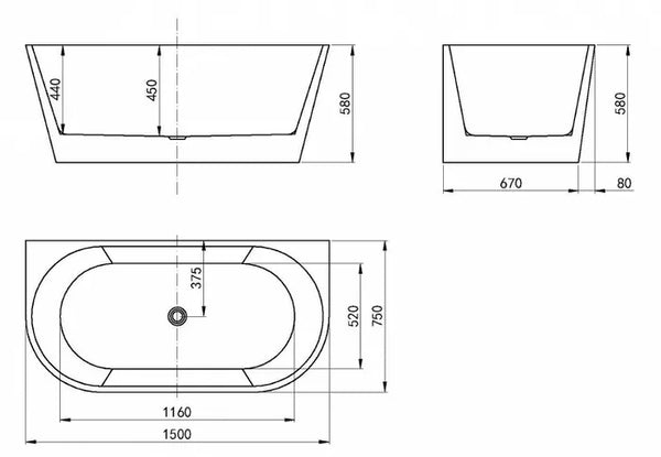 VERONA BACK TO WALL BATHTUB 1500X750X580mm NF & GLOSS WHITE/MATT WHITE