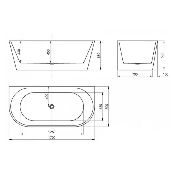 VERONA BACK TO WALL BATHTUB 1700X800X580mm NF & GLOSS WHITE/MATT WHITE