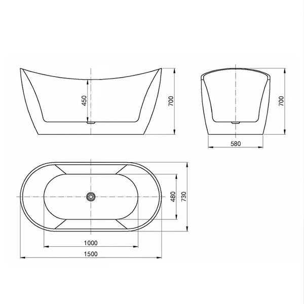 VIVA HIGH BACK FREESTANDING BATHTUB 1500X750X720 NF & GLOSS WHITE