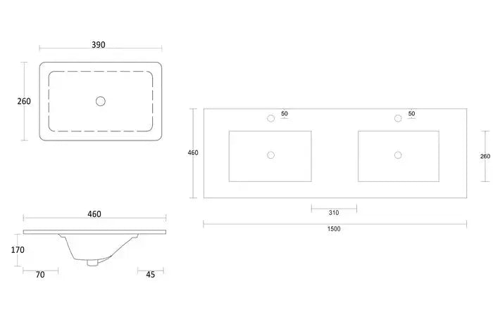 ROCK PLATE STONE 1500X465X15MM UNDERMOUNT DOUBLE BASIN VANITY TOP Mont Blanc/Amani Grey/Empire Black FIL Kitchen Bathroom