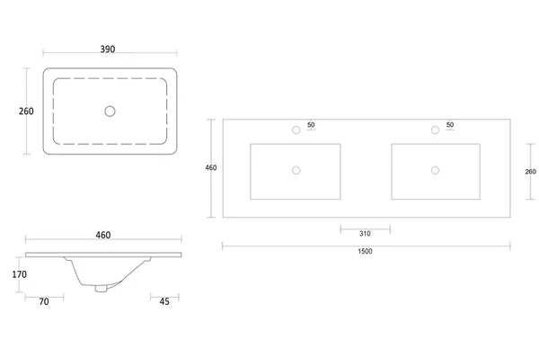 ROCK PLATE STONE 1500X460X15MM UNDERMOUNT DOUBLE BASIN VANITY TOP