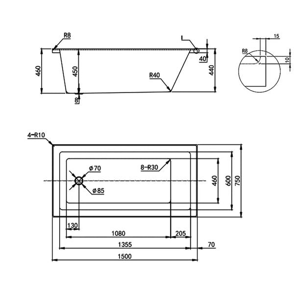 DROP IN SHOWER BATH 1200/1500/1700mm