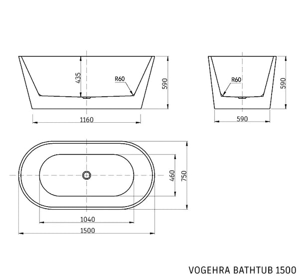 VOGHERA FREESTANDING BATHTUB 1500 X 750 X 580 MM BLACK NO OVERFLOW