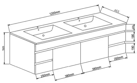 PAVIA 1200X460 VANITY WH D BOWL FIL Kitchen Bathroom