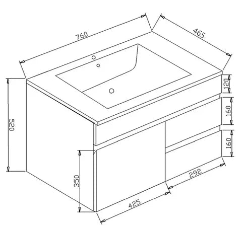 PAVIA STANDARD 750X460 WH LEFT HAND DRAWER VANITY