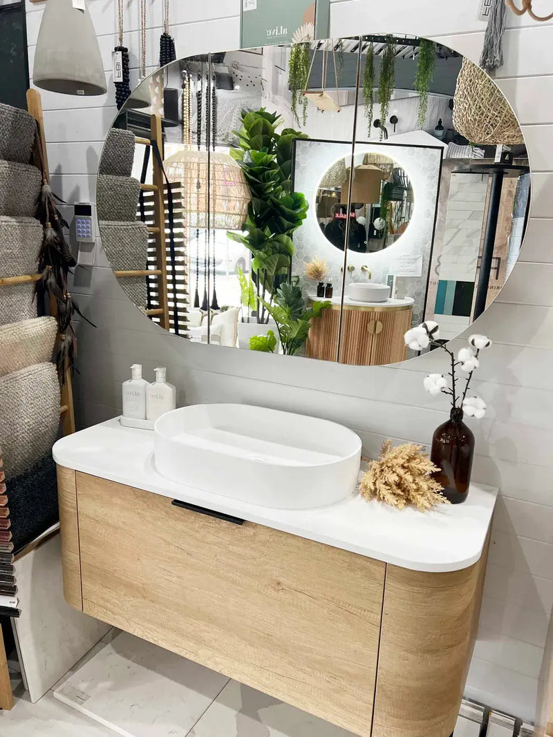 BONDI NATURAL OAK 1200X460 CURVE VANITY FIL Kitchen Bathroom