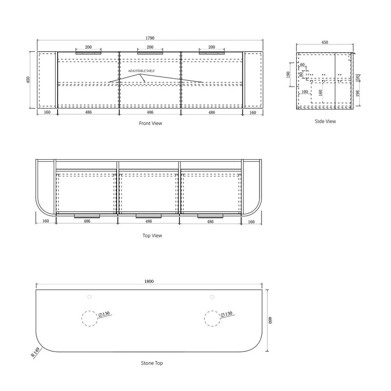 BONDI SATIN WHITE FLUTED 1800X460 CURVE VANITY FIL Kitchen Bathroom