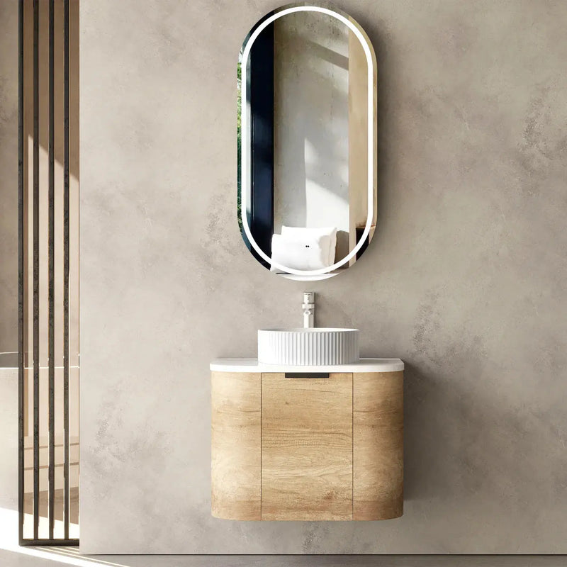 BONDI NATURAL OAK 600X460 CURVE VANITY FIL Kitchen Bathroom