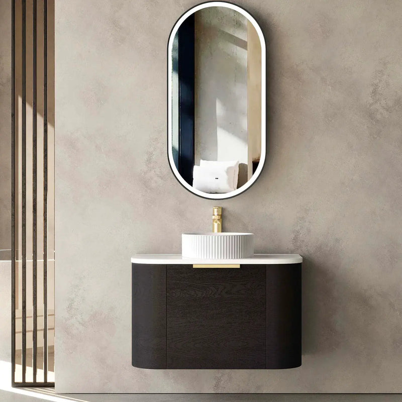 BONDI BLACK OAK 750X460 CURVE VANITY FIL Kitchen Bathroom