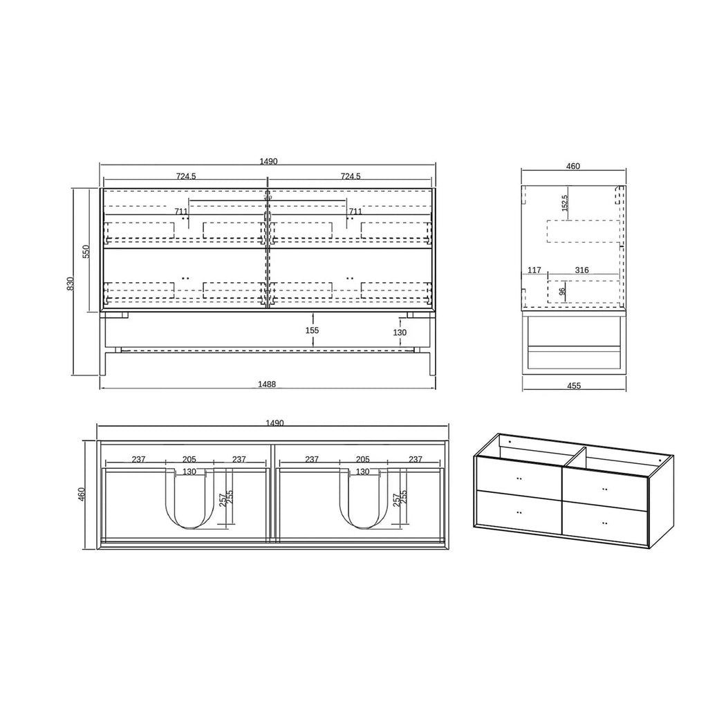 LIGHT GREY BOSTON 1500MM WALL HUNG DOUBLE BASIN VANITY