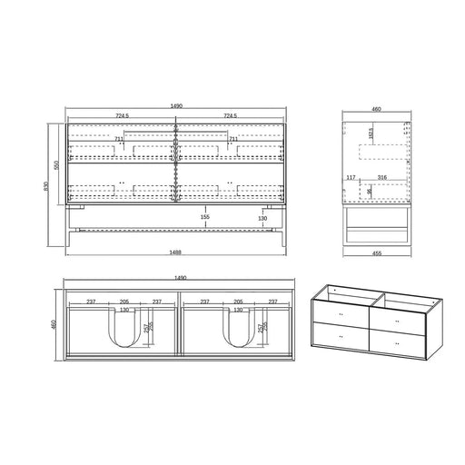 LIGHT GREY BOSTON 1500MM WALL HUNG DOUBLE BASIN VANITY FIL Kitchen Bathroom