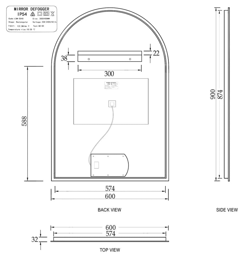 LED ARCHIE MIRROR 900X600 ANTI-FOG FIL Kitchen Bathroom
