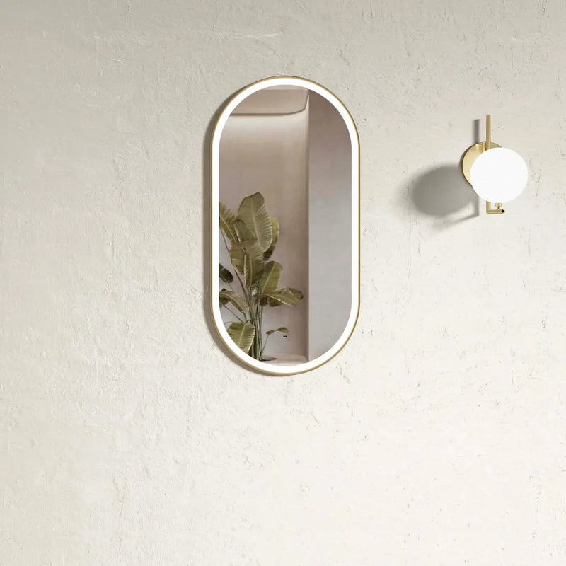 BRIGHTON LED GOLD FRAME OVAL TUFFI GLASS MIRROR 900X450MM*ANTI FOG FIL Kitchen Bathroom