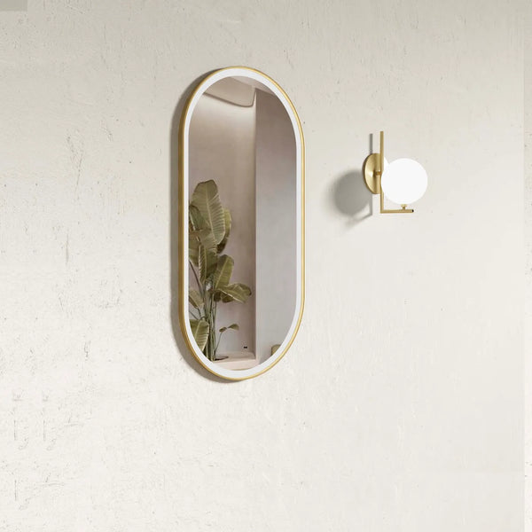 BRIGHTON LED GOLD FRAME OVAL TUFFI GLASS MIRROR 900X450MM*ANTI FOG