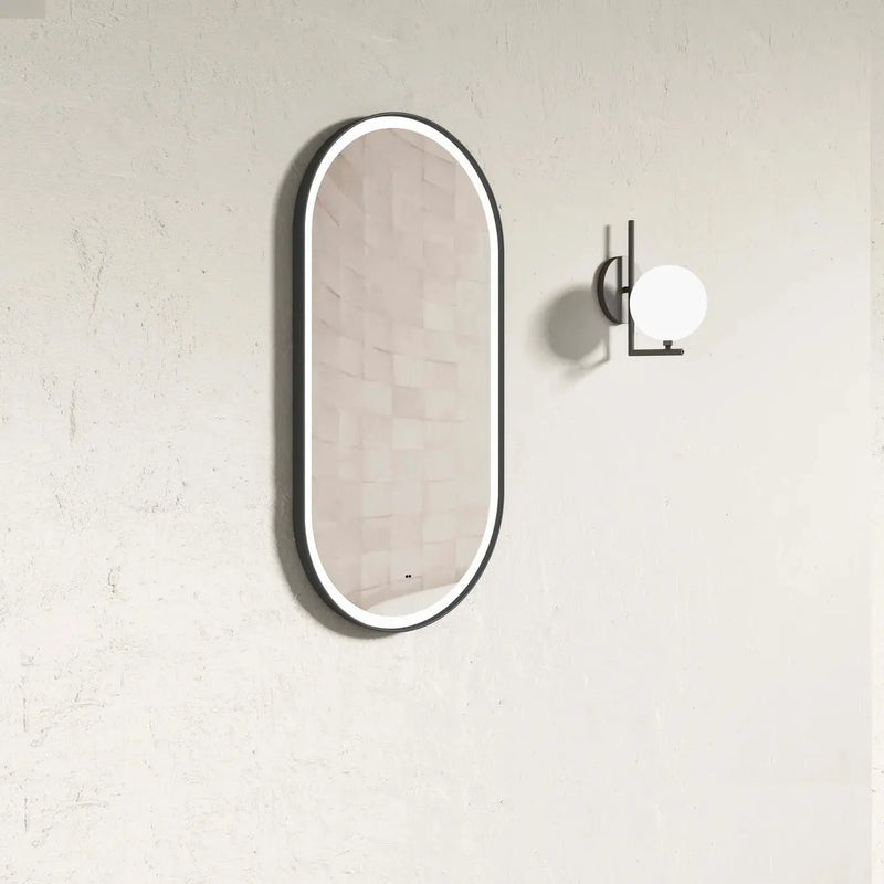 BRIGHTON LED BLACK METAL FRAME OVAL TUFFI GLASS MIRROR 900X450MM*ANTI FOG FIL Kitchen Bathroom