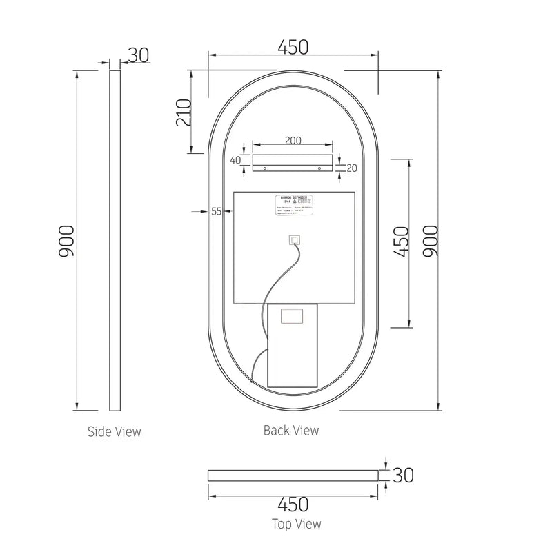 BRIGHTON LED BLACK METAL FRAME OVAL TUFFI GLASS MIRROR 900X450MM*ANTI FOG FIL Kitchen Bathroom