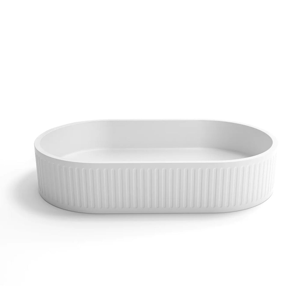 HUDSON OVAL CONCRETE WHITE FLUTED BASIN 600X350X120MM