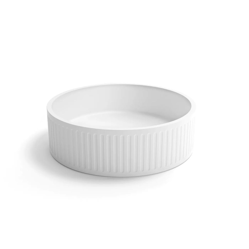 HUDSON ROUND CONCRETE WHITE FLUTED BASIN 400MM