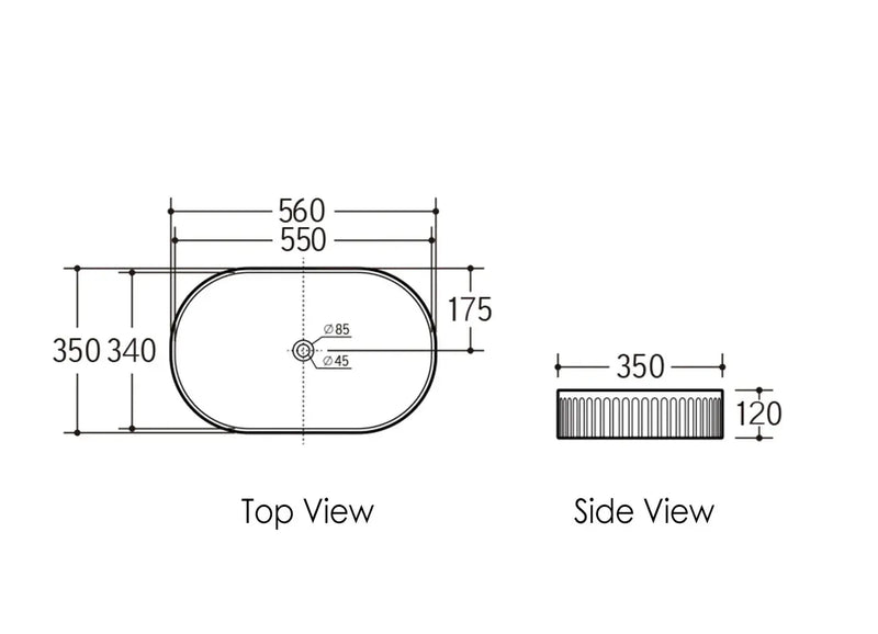 KENSINGTON 560X350X120 OVAL FLUTED BASIN WHITE/BLACK FIL Kitchen Bathroom